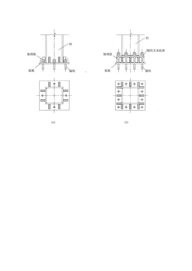 如图1a411031-9 所示,柱脚节点通常由底板,中间传力结构(包括靴梁